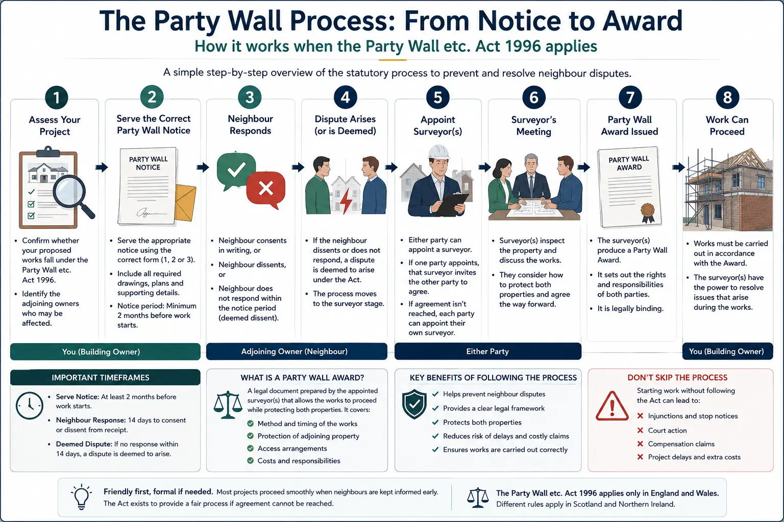 Do I Need a Party Wall Agreement? An infographic showing the party wall process from notice to award in a very interactive way for the citizens living in Newcastle upon Tyne, UK