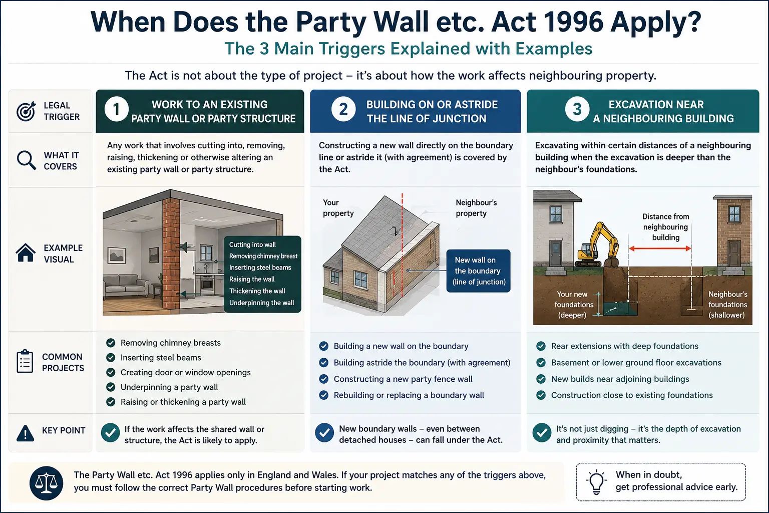 Do I Need a Party Wall Agreement? An infographic showing when does the party wall etc act 1996 apply like excavation, junction, painting, in Newcastle upon Tyne, UK